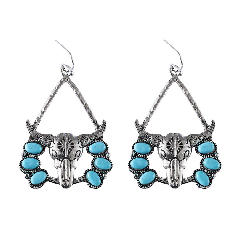 Wholesale Western Style Bull Head Tribal Turquoise Exaggerated Retro Ethnic Style Earrings